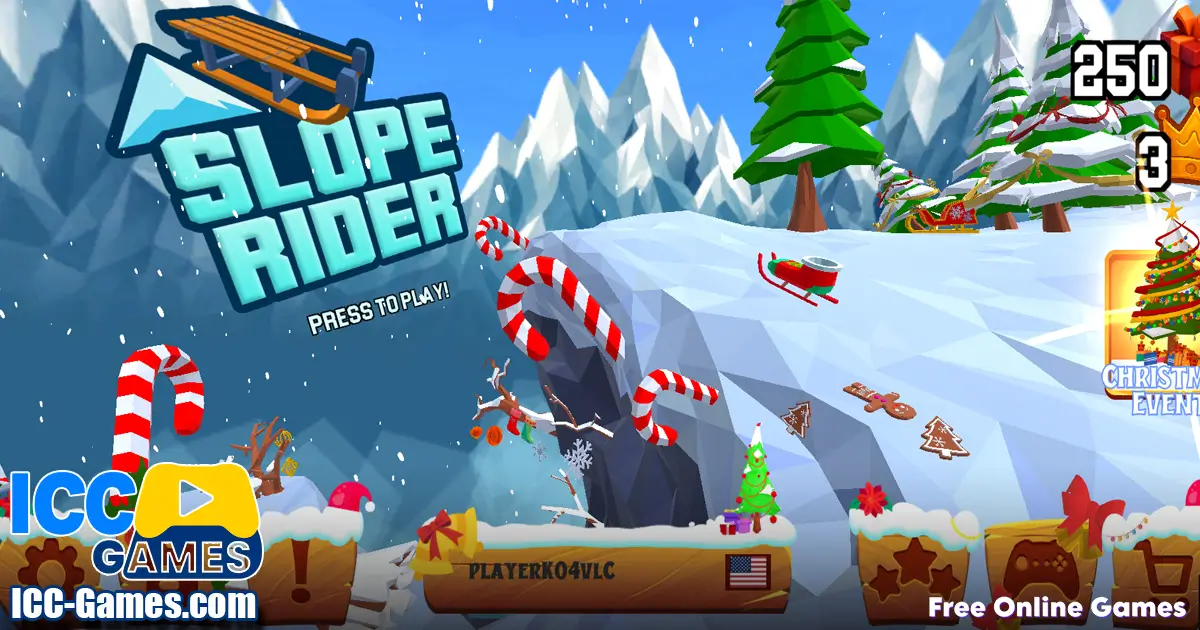 Slope Rider 3D unblocked gameplay featuring a fast-paced sled descent in a snowy forest.