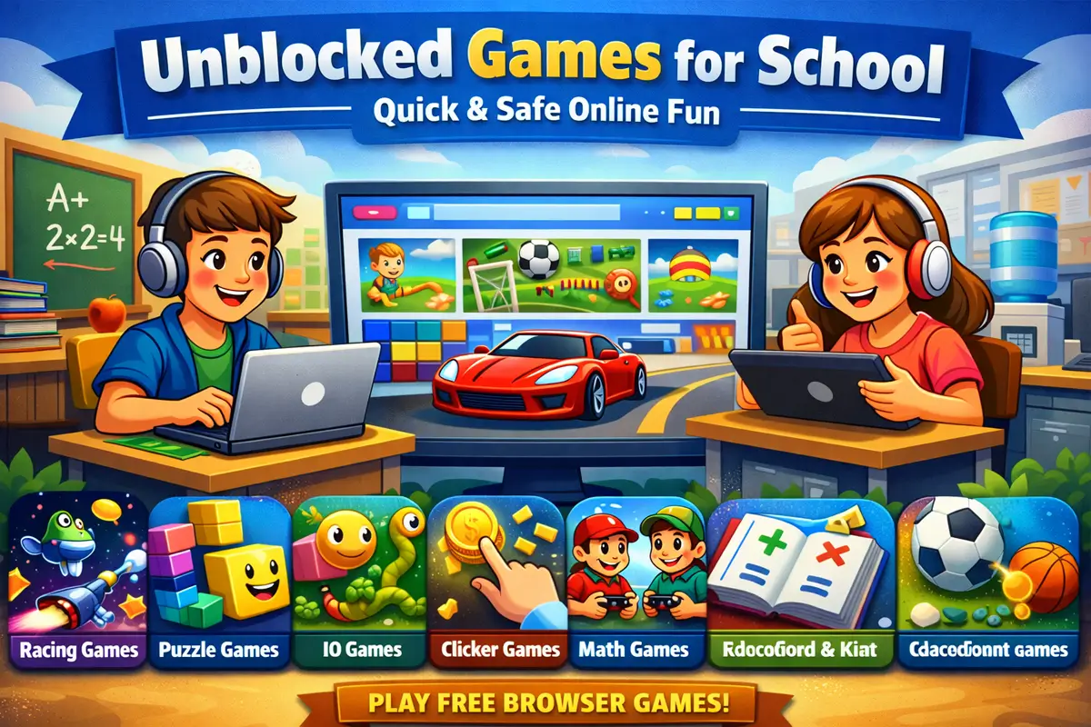 Unblocked Games for School – children playing safe online browser games on laptops, Chromebooks, and tablets. Features racing, puzzle, arcade, IO multiplayer, clicker, and educational games from icc-games.com.